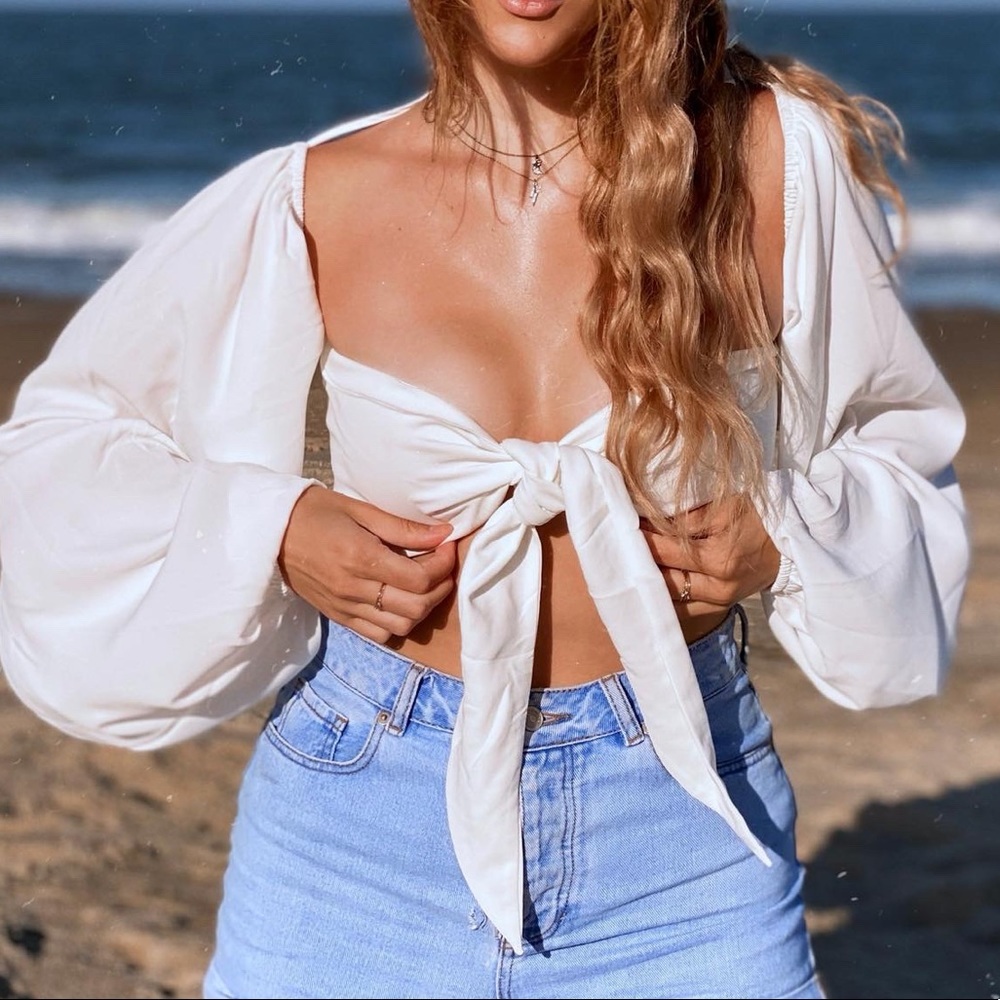 Front Tie Long Sleeve White Crop Top